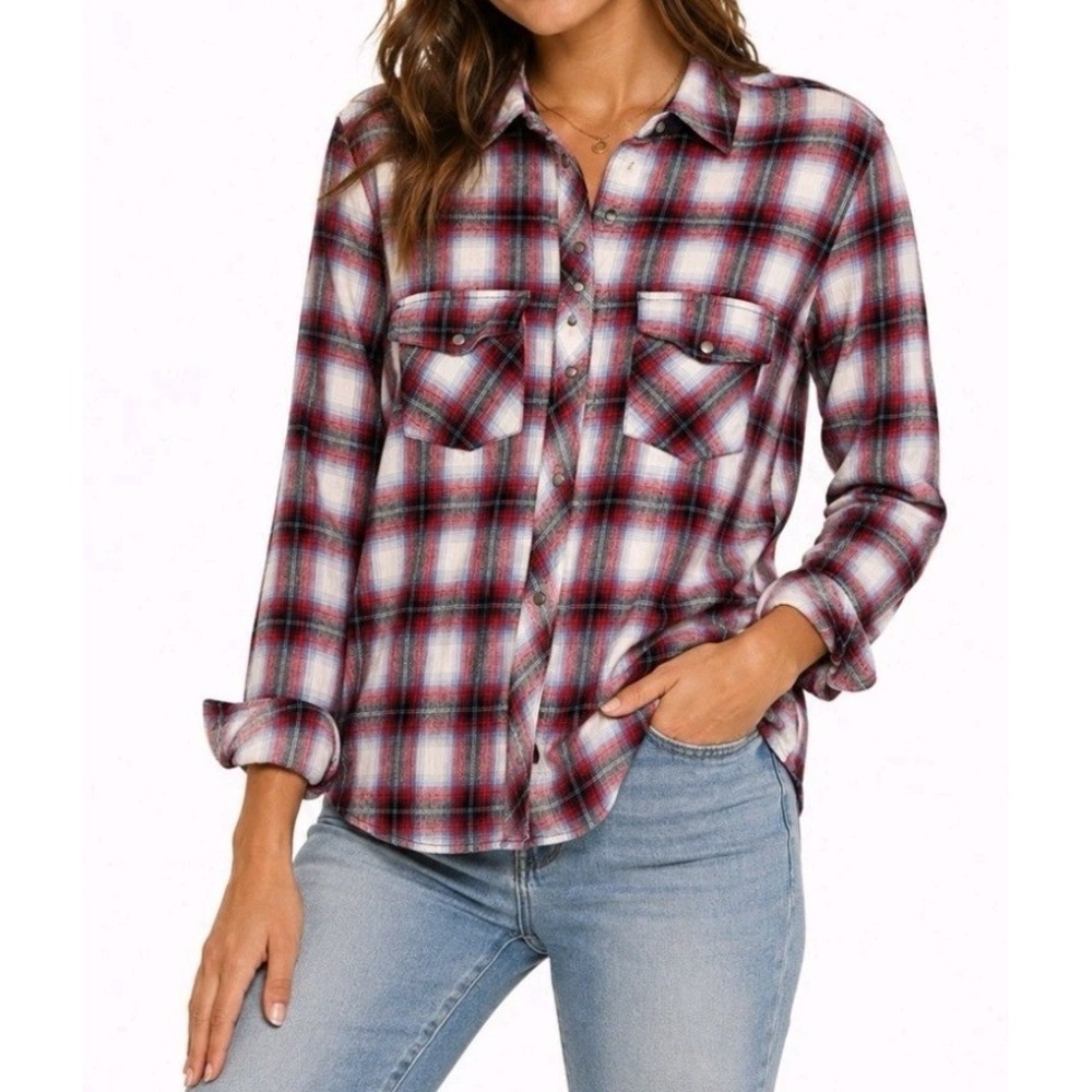 KUT from the Kloth Plaid Flannel Shirt Womens Medium Snap Front Western ST110302